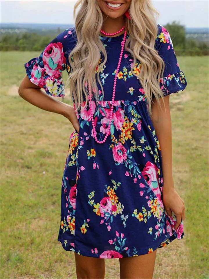 Floral Dresses Female Round Neck Sheath Knee Dress-Cosfine