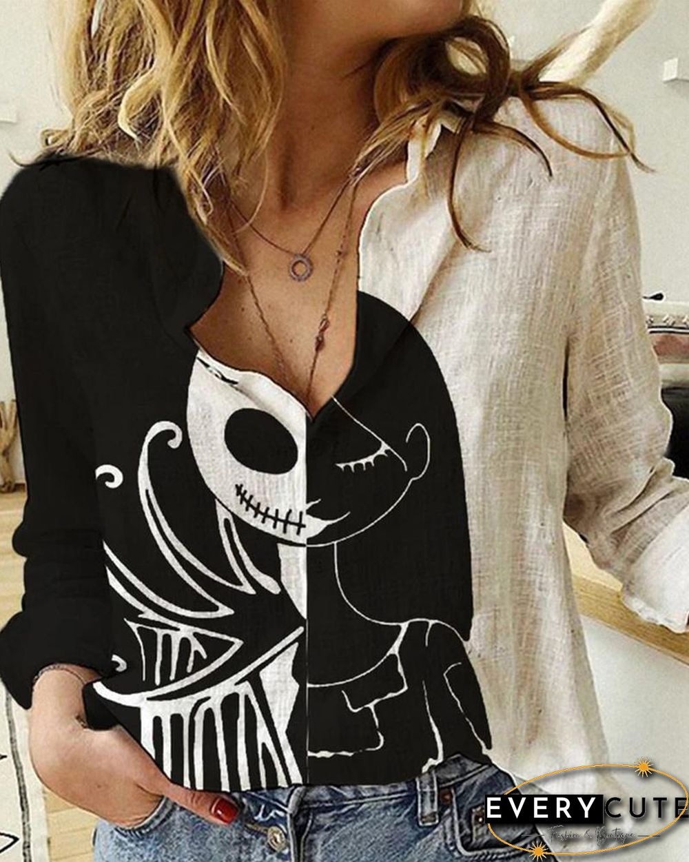 Halloween Colorblock Skeleton Print Long Sleeve Casual Shirt P12212