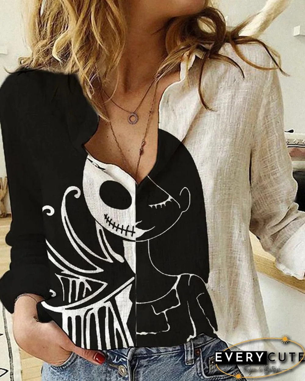 Halloween Colorblock Skeleton Print Long Sleeve Casual Shirt P12212