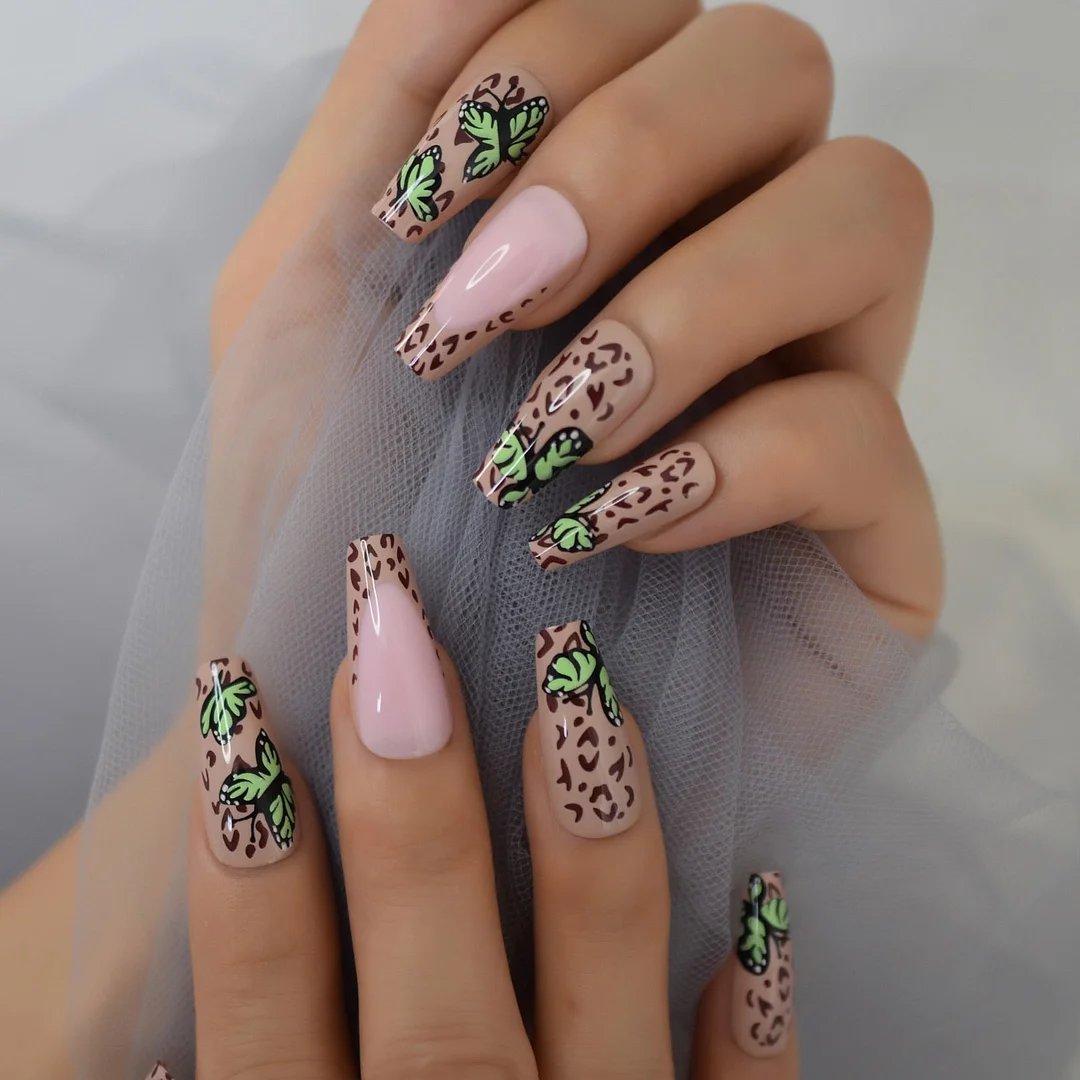 Leopard Fake Nails Butterfly 2021 Press On Nails Fake Nails With Designs Medium False Nail Coffin Tips Trendy Fingernails Charms-Nail Inspo