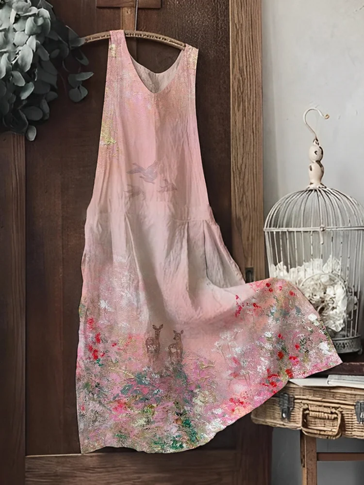 Vintage Oil Painting Floral Print Women's Vest Dress