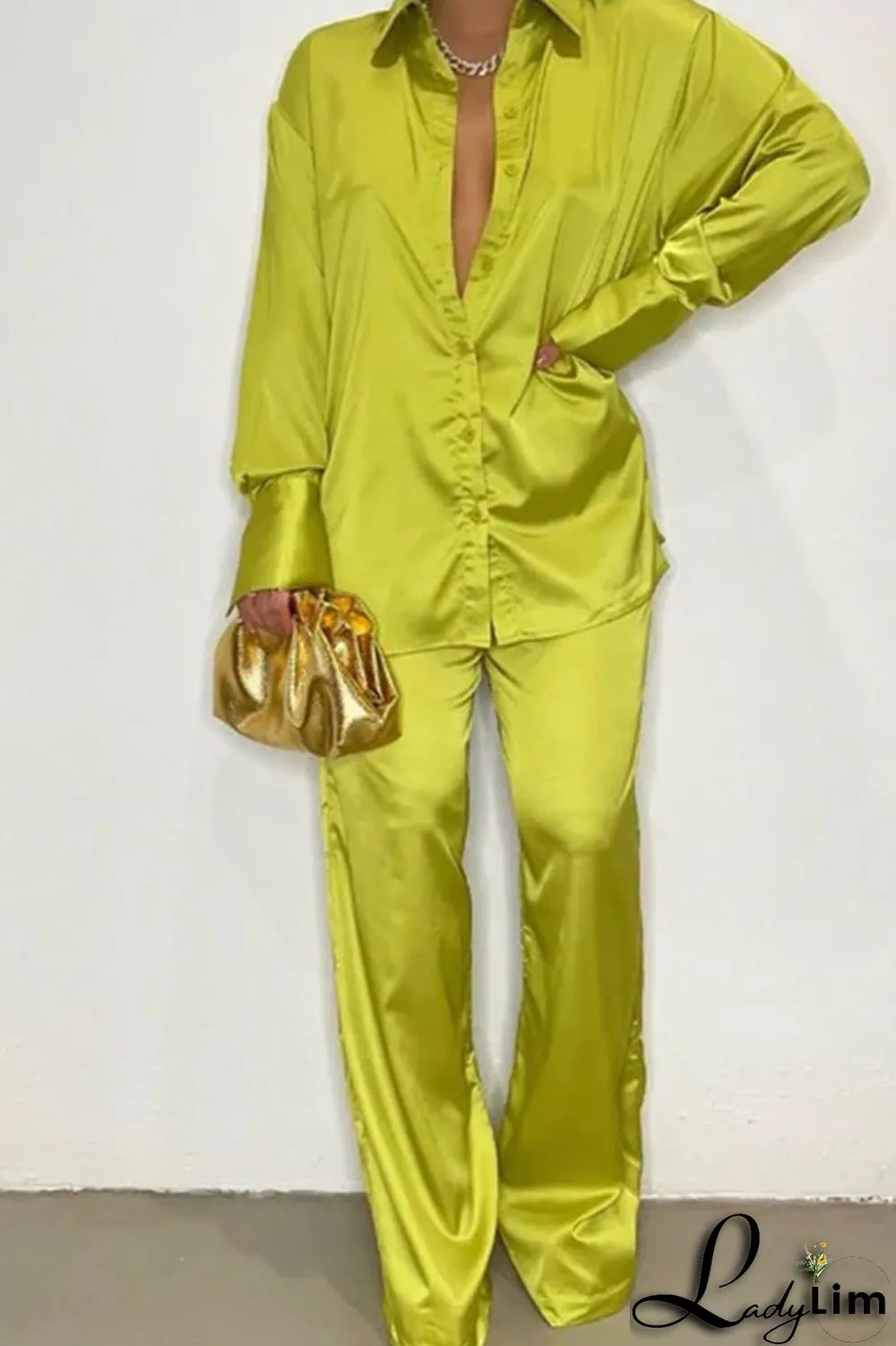 Green Casual Solid Patchwork Buckle Turndown Collar Long Sleeve Two Pieces