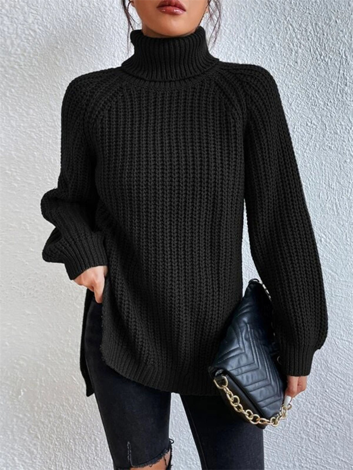 Women's Autumn and Winter Knit Sweater Medium Long Shoulder Sleeve High Lapel Split Sweater High Neck Solid Color Sweater