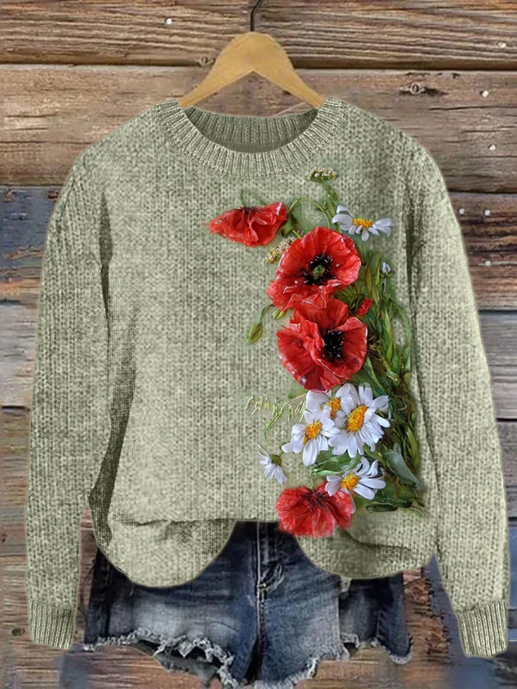 VChics Poppy & Daisy Floral Satin Art Cozy Knit Sweater