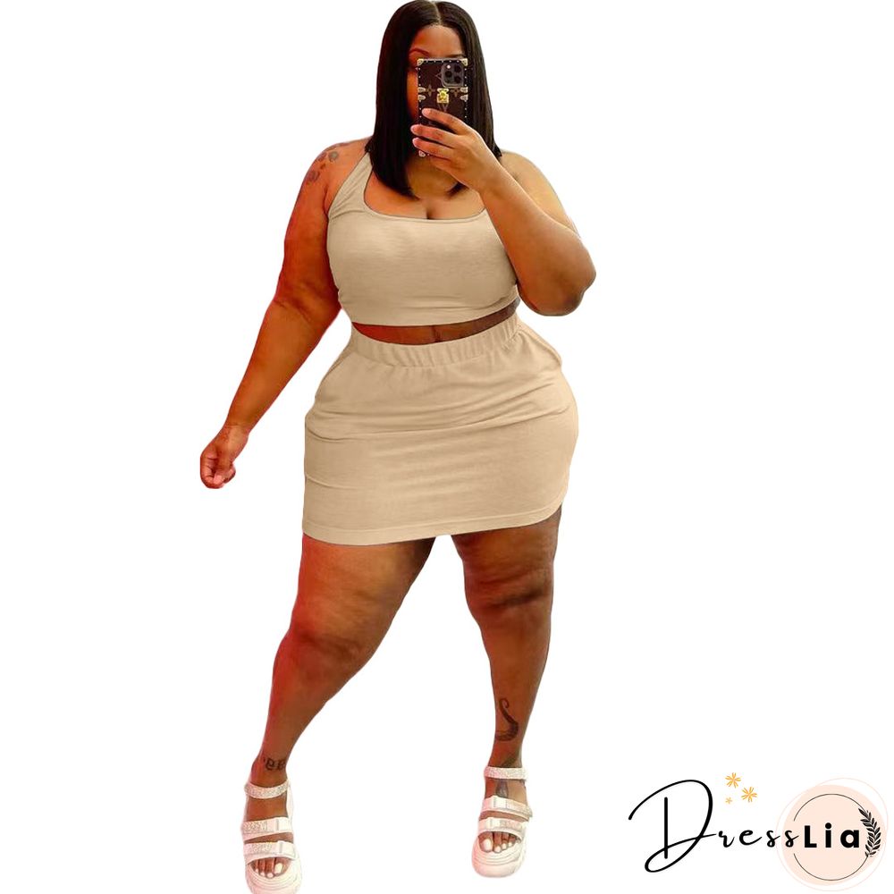 Plus Size Summer Solid Women Square Neck Sleeveless Crop Top+Elastic Waist Mini Skirt 2 Piece Set
