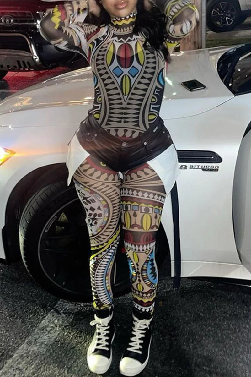 Fashion Sexy Print See-through Turtleneck Skinny Jumpsuits