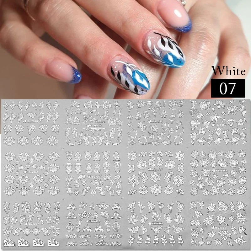 12pcs Flower Leaf Lace 3D Stickers for Nail Decals Mandala Flowers White Black Slider Manicure DIY Nail Art Decoration Tools-Nail Inspo