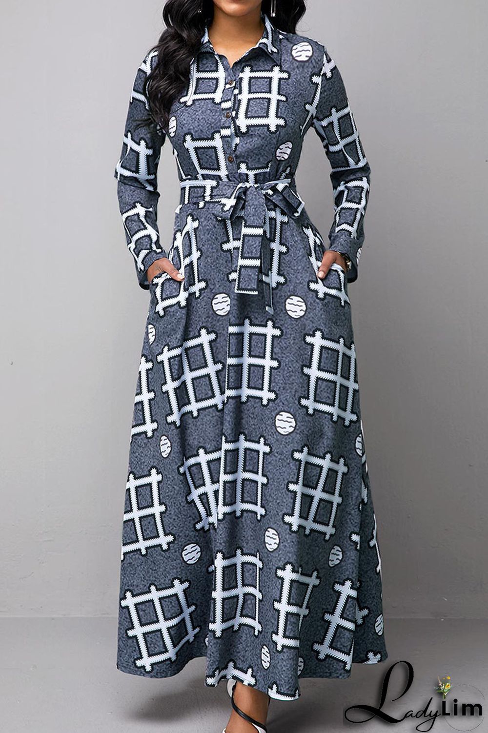 Colour Casual Print Patchwork Buckle Turndown Collar Dresses