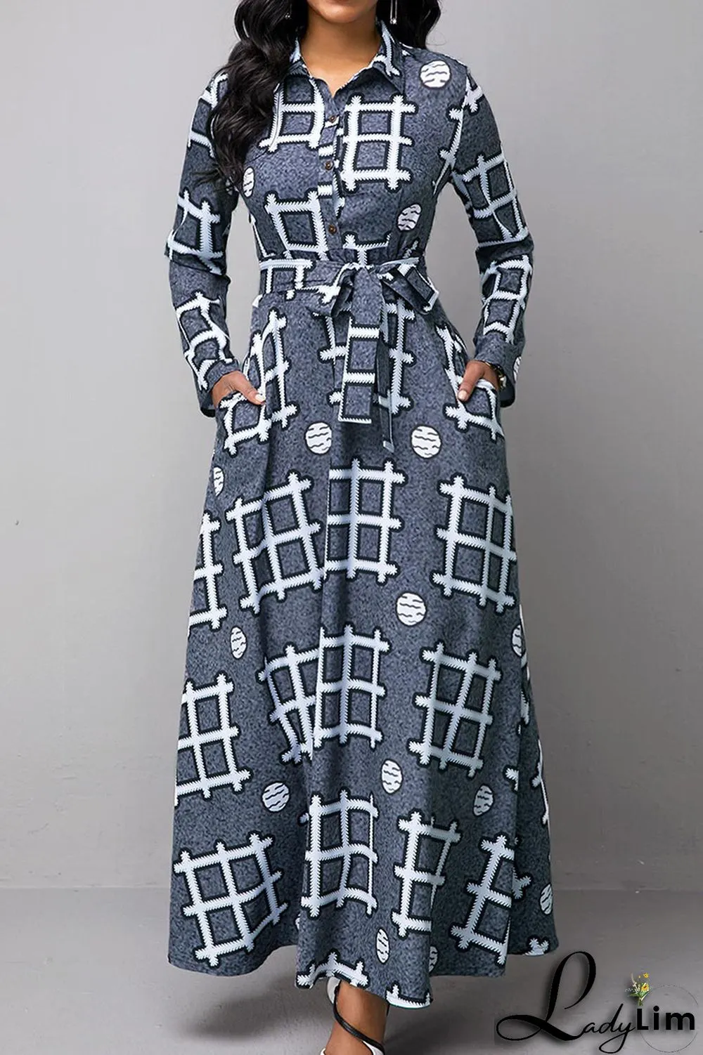 Colour Casual Print Patchwork Buckle Turndown Collar Dresses