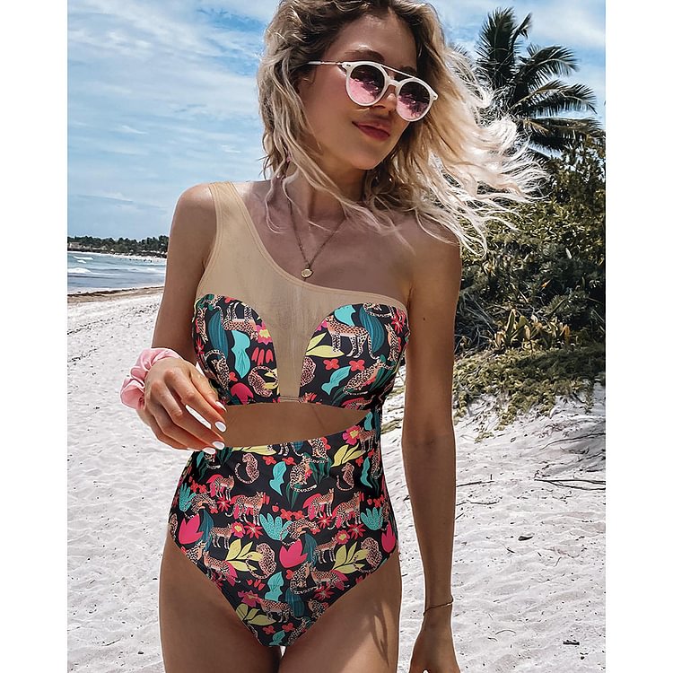 One Shoulder Jungle Animal Printed Cut Out Sexy One Piece Swimsuit