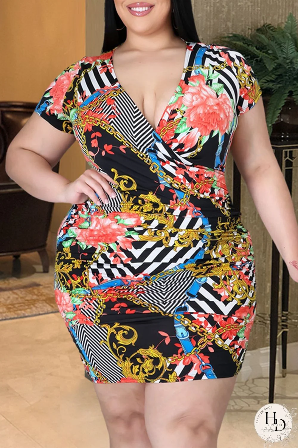 Black Sexy Casual Plus Size Print Basic V Neck Short Sleeve Dress