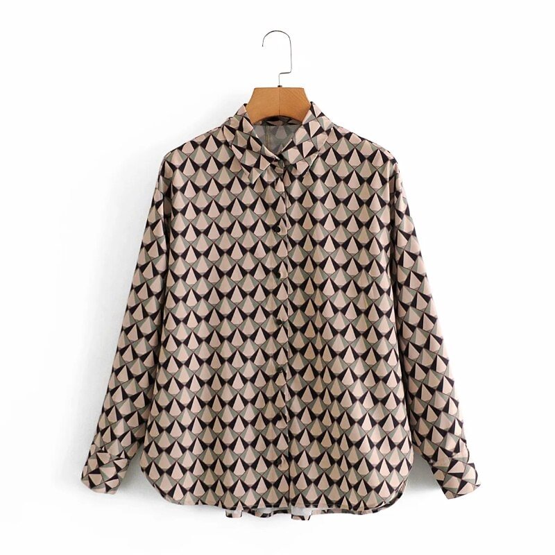 Fashion Women Geometric Printing Side Slit Shirts Female Long Sleeve Blouses Casual Lady Loose Tops Blusas S8272