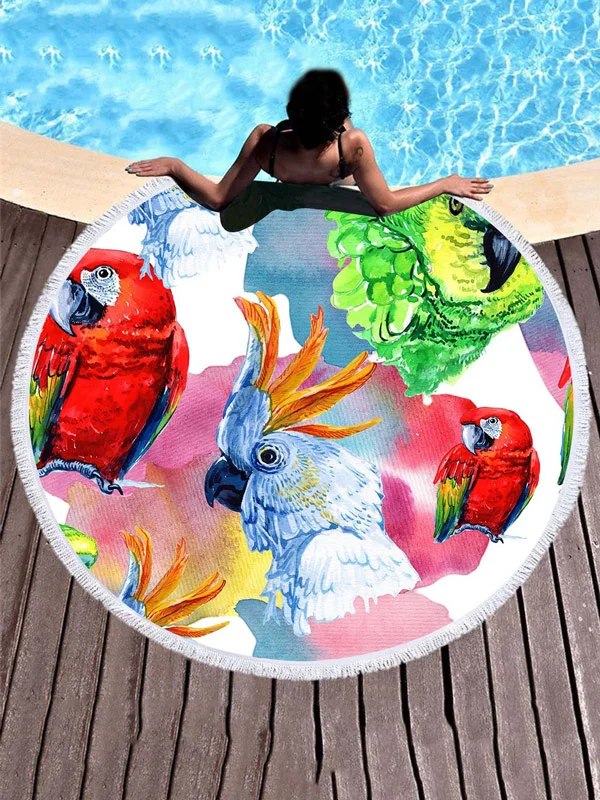 Bird Printed Round Shape Tasseled Soft Beach Mat