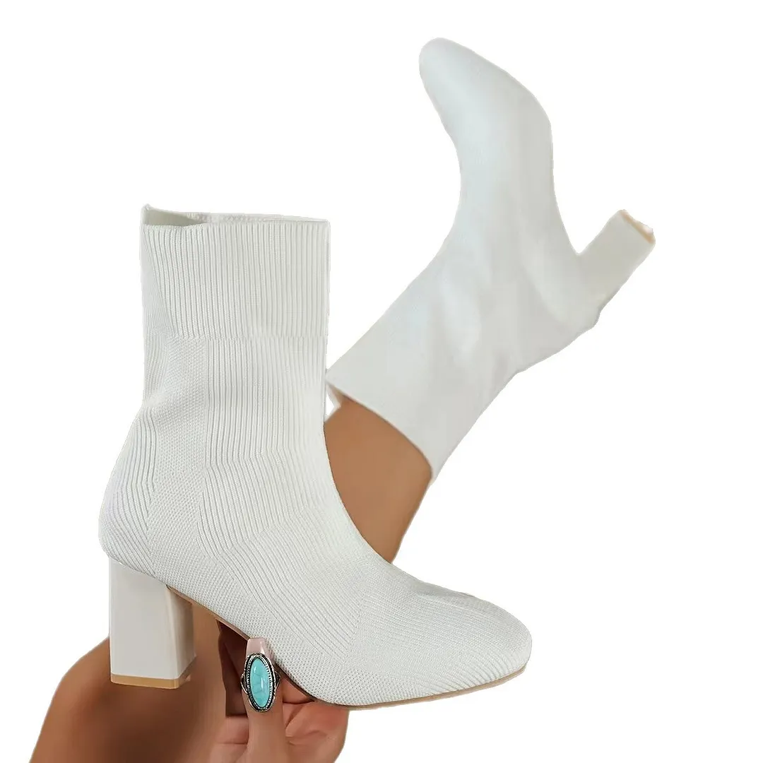 Breakj Breakj Boots 2025 New Autumn/Winter Sharp Head Weaving Big Size Women's Boots Coarse High Heel Middle-T-Big-Hee Thin-Skinned Socks Boots