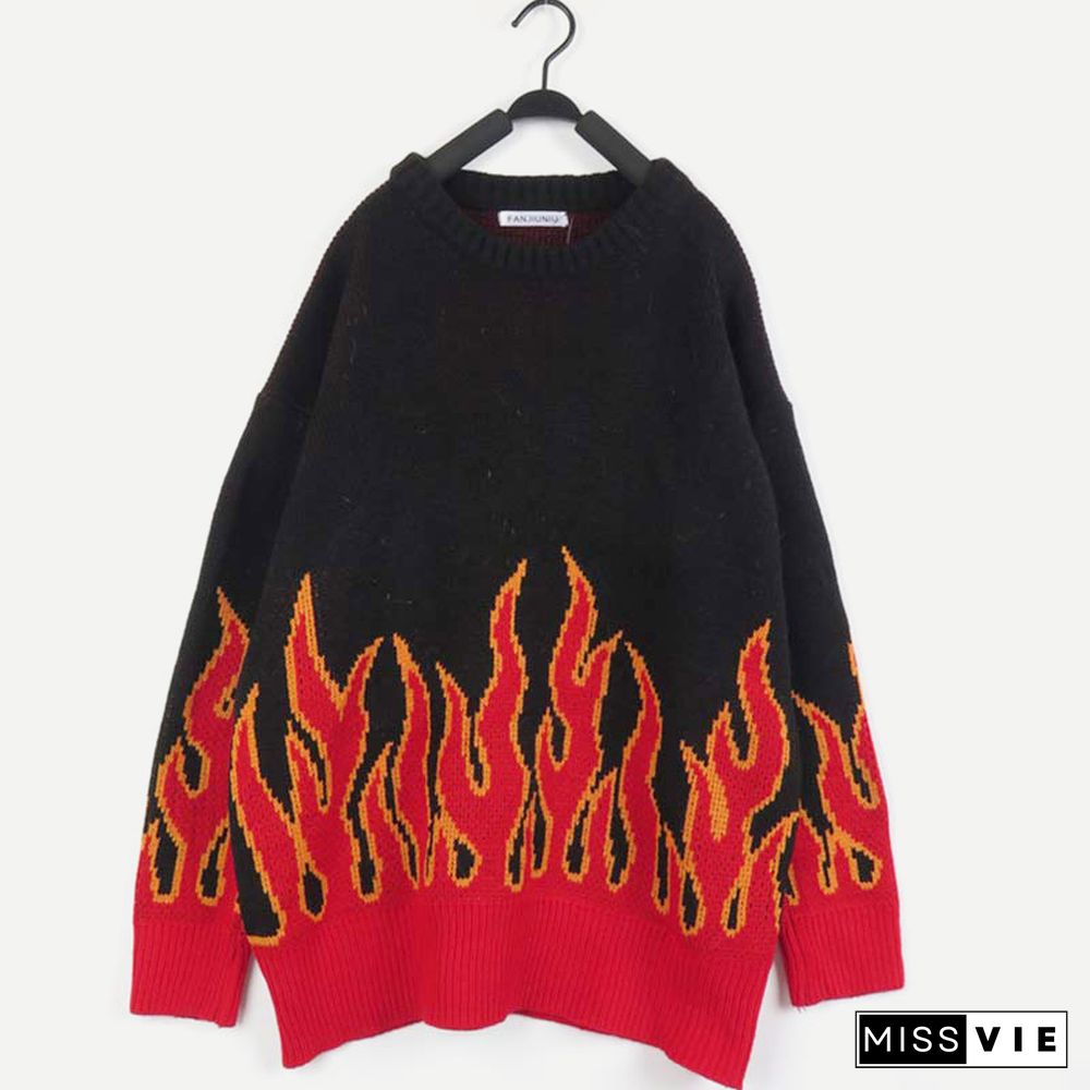 Chic Colorblock Knit Flame Print Sweater