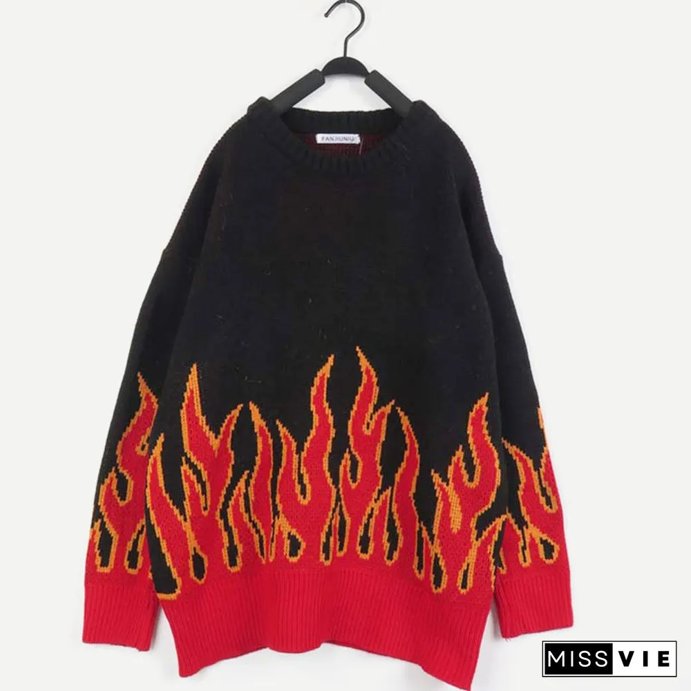 Chic Colorblock Knit Flame Print Sweater