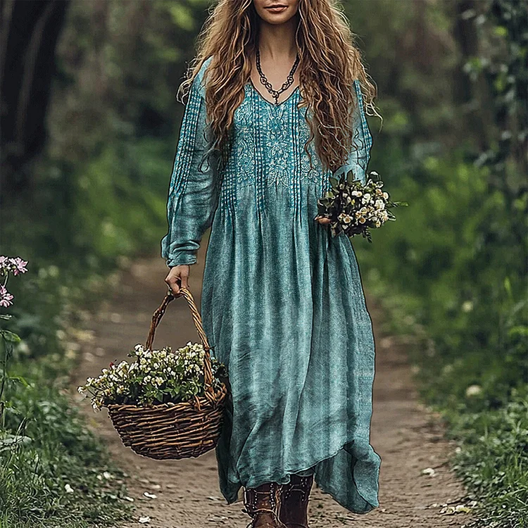 Utbros Vintage Turquoise Floral Pintucked Flowy Linen Blend Maxi Dress