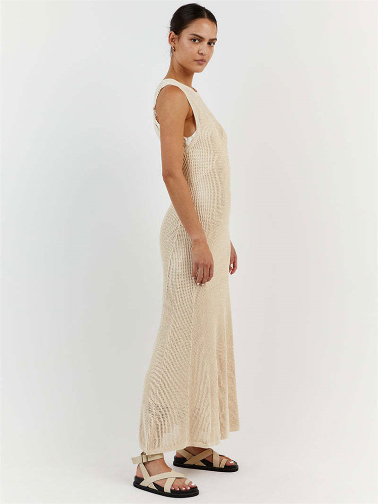 Ootddress White Crochet Hollow Out Midi Dress For Women Long Sleeve Casual Dress Beach Holiday See-Through Summer Dress Cover-Up