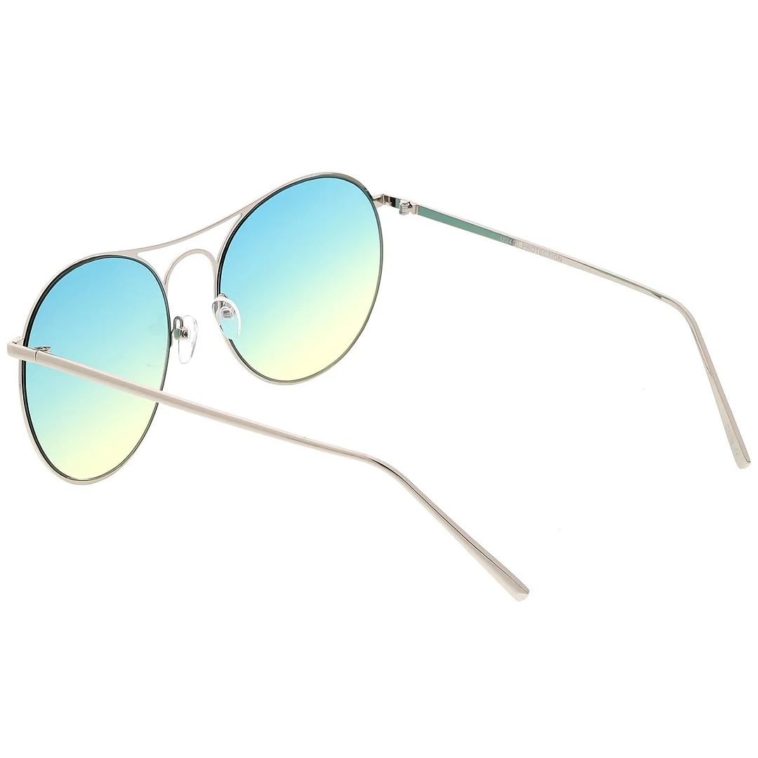 Oversize Metal Aviator glasses Double Nose Bridge Round Gradient Flat Lens 65mm