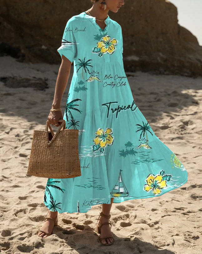 Women's Blue Short Sleeve Coconut Tree Print Resort Beach Loose Dress socialshop