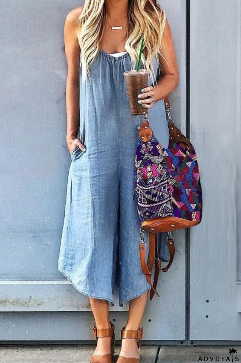 Sleeveless V-neck Wide Leg Denim Jumpsuit