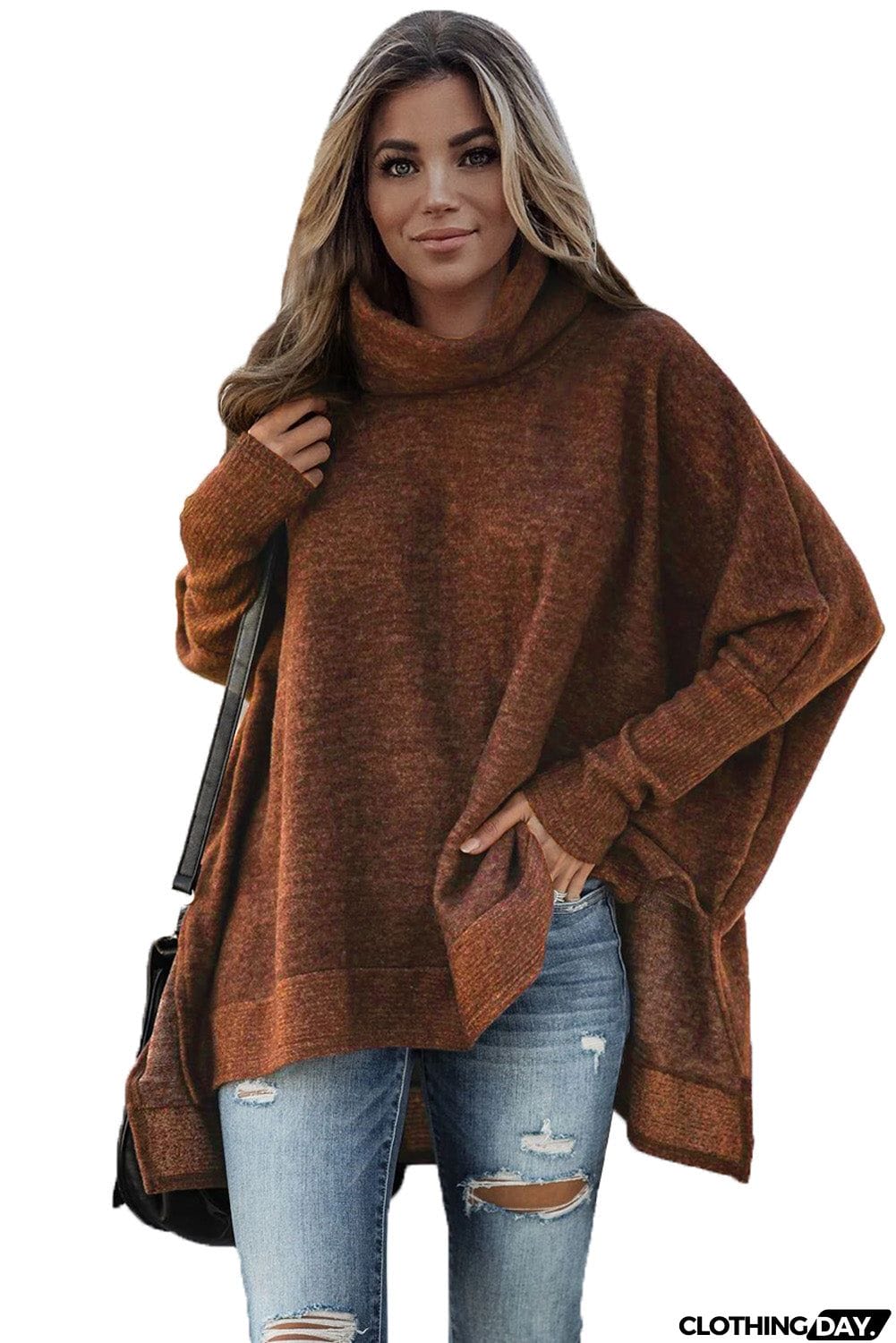 Turtleneck Bat Sleeve Side Slit Tunic Top