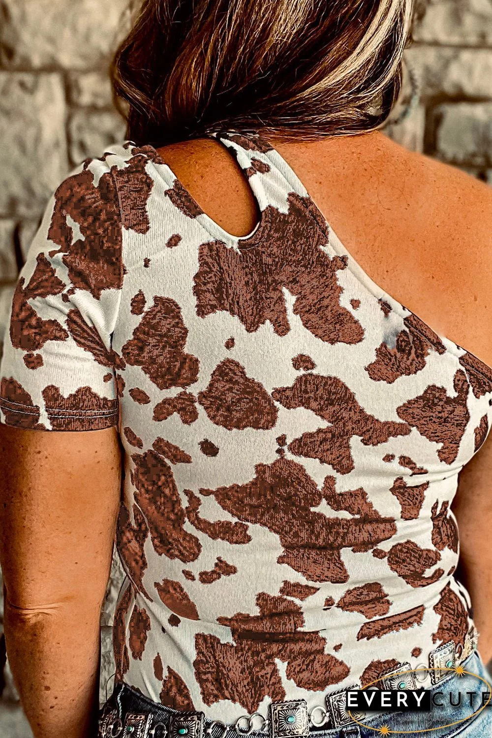 Brown One Shoulder Cow Print Cut out Short Sleeve Top