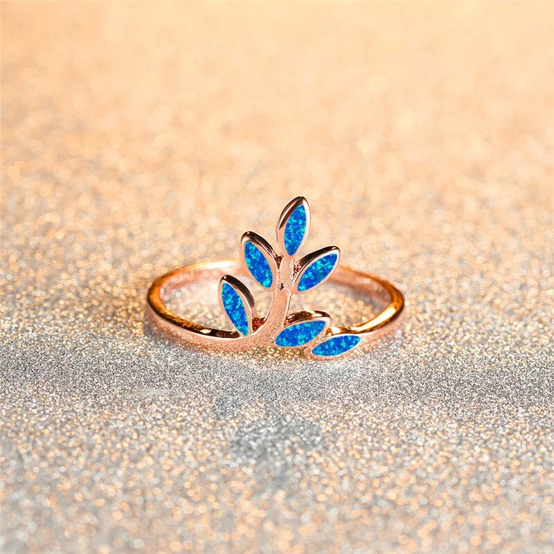 Simple Female Blue White Opal Ring Rose Gold Silver Color Engagement Ring Classic Bridal Leaf Thin Wedding Rings For Women