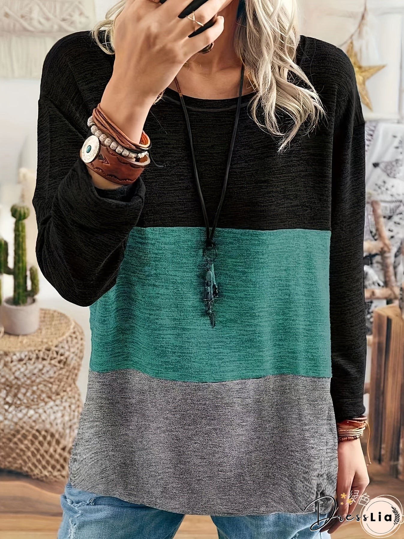 Plus Size Casual Top, Women's Plus Colorblock Long Sleeve Round Neck Medium Stretch Top