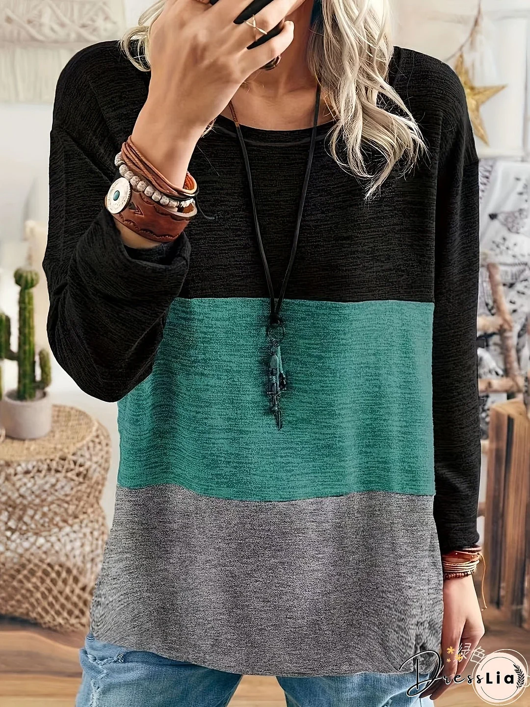 Plus Size Casual Top, Women's Plus Colorblock Long Sleeve Round Neck Medium Stretch Top