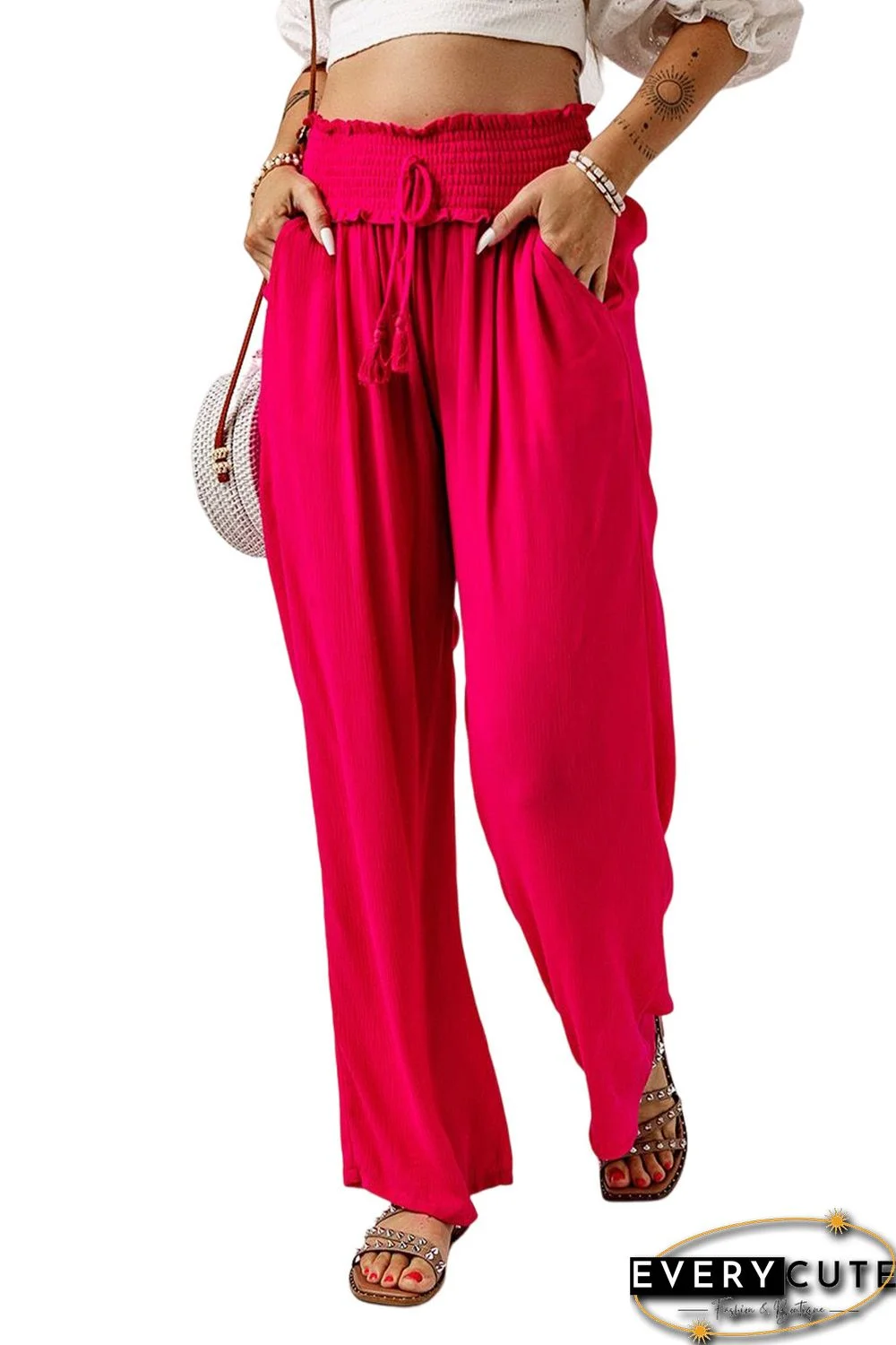 Rose Smocked Elastic Waist Wide Leg Pants