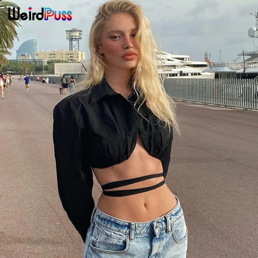 Weird Puss Cut Bandage Short T-Shirts Women Ruched Irregular Backless Tops Long Sleeve Streetwear Summer Casual Wild Clothing
