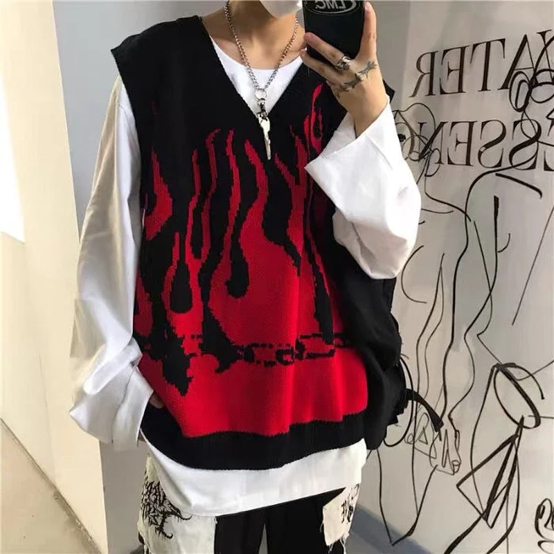 Brownm Gothic Streetwear Flame Print Oversize Sweater Vest Women Harajuku Hip Hop Knitted Sleeveless V-Neck Female Tops 2021