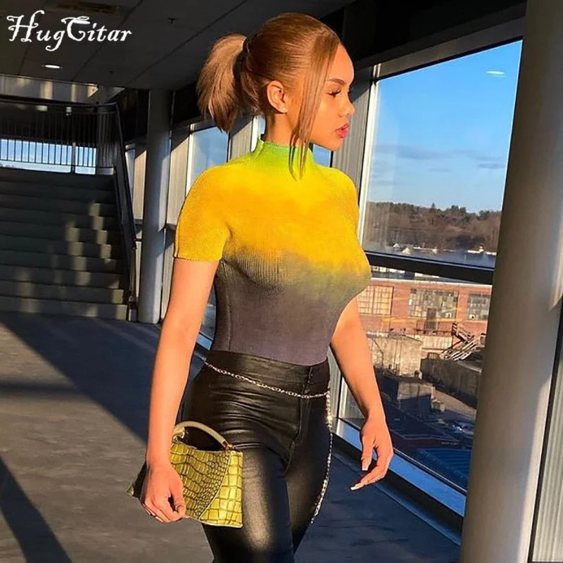 Hugcitar 2021 Short Sleeve O-Neck Gradient Summer Women Fashion Streetwear Tshirts Y2K Tees