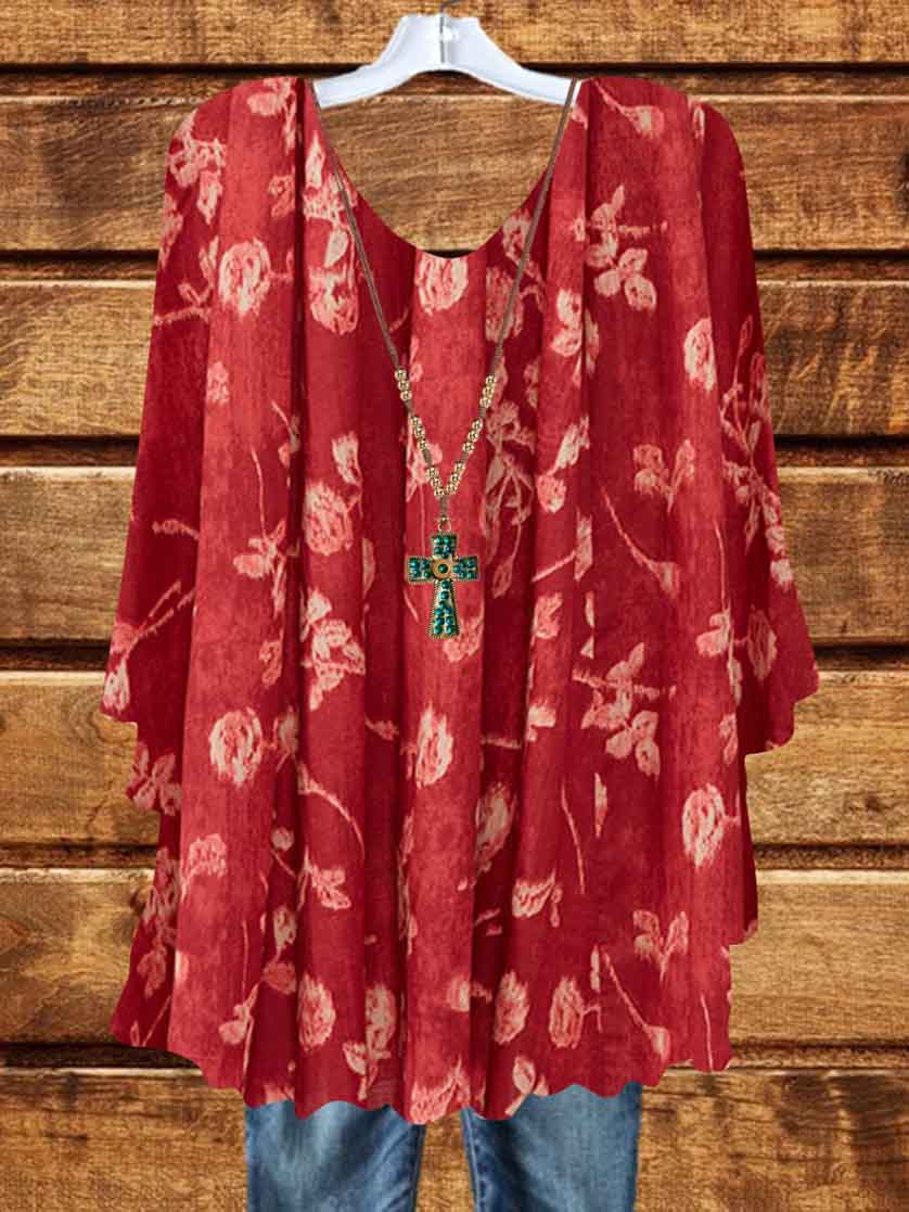Women Long Sleeve V-neck Graphic Floral Printed Top