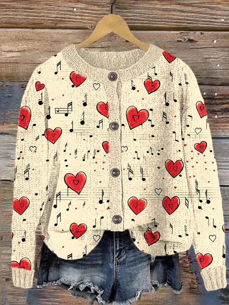 VChics Musical Notes & Red Hearts Casual Cozy Knit Sweater