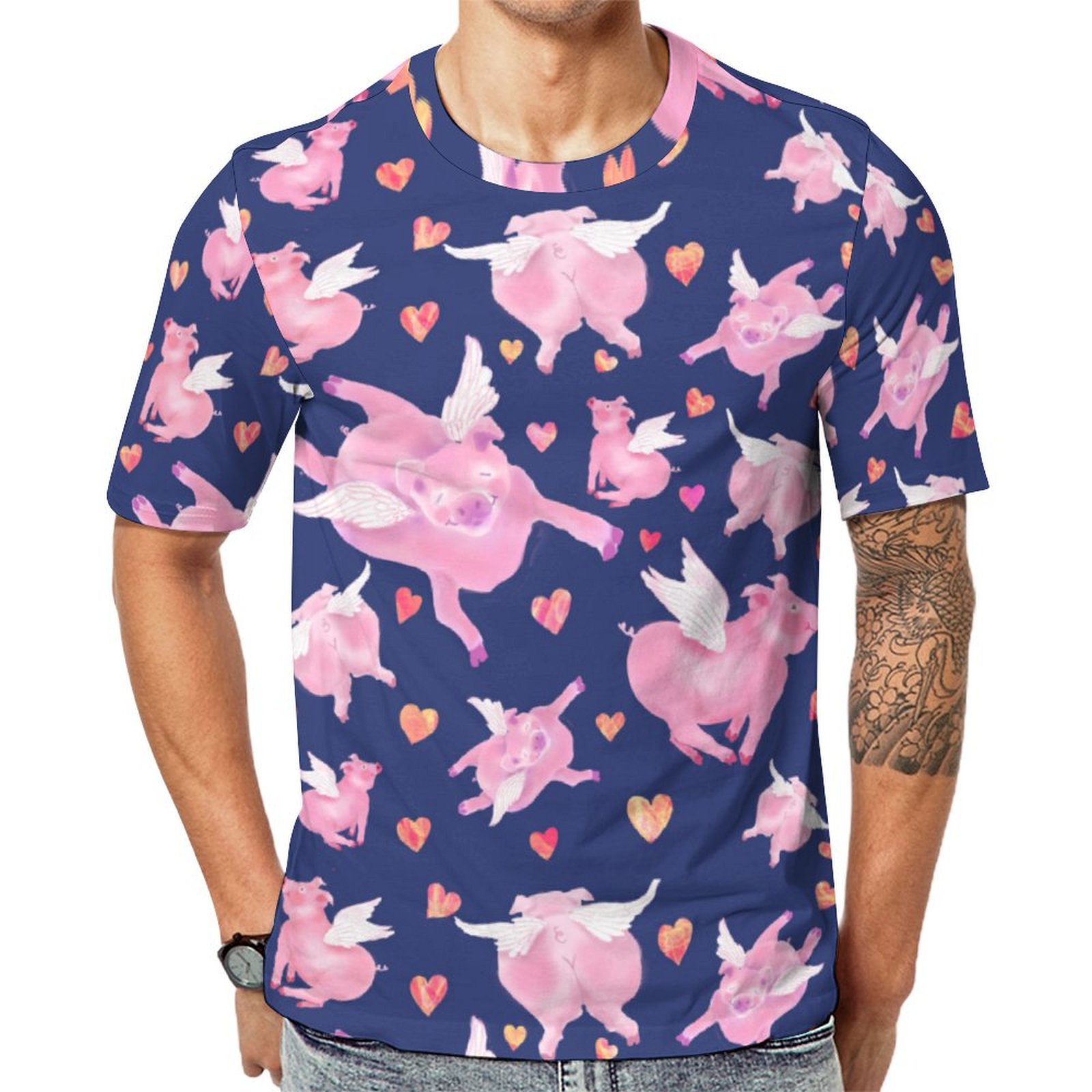 Navy Funny Pink Flying Piggies Short Sleeve Print Unisex Tshirt Summer Casual Tees for Men and Women Coolcoshirts