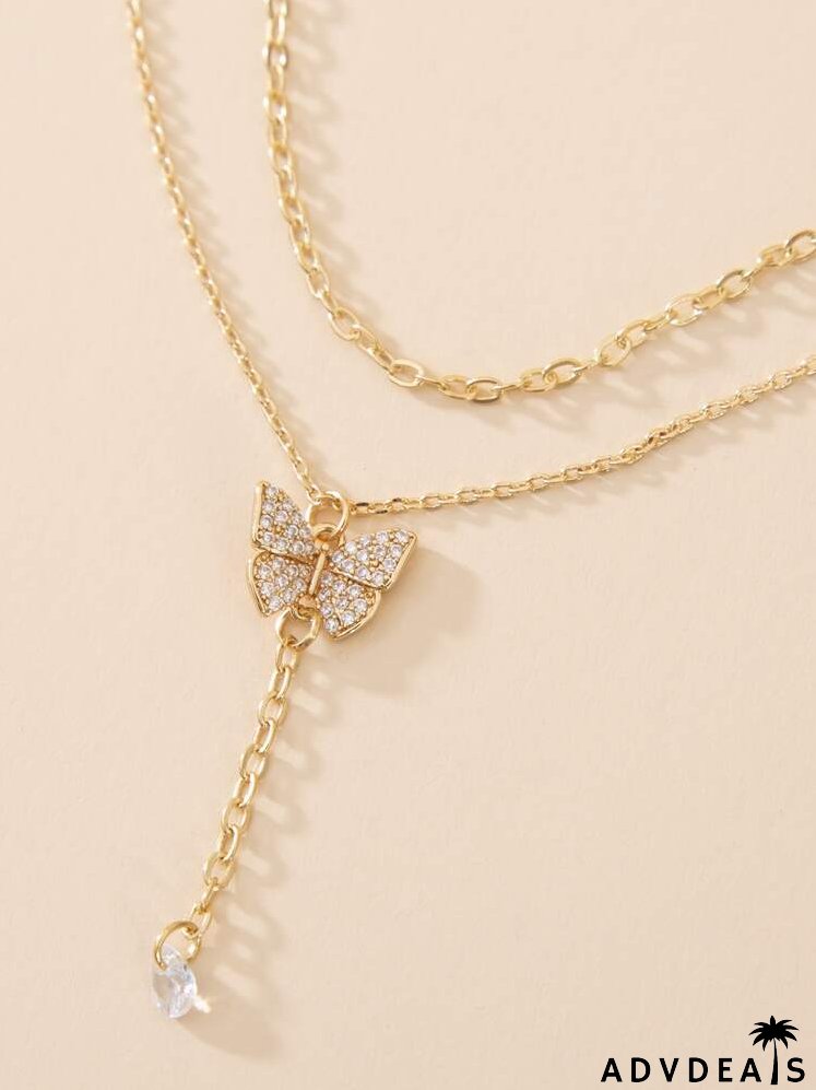 Rhinestone Butterfly Decor Layered Necklace