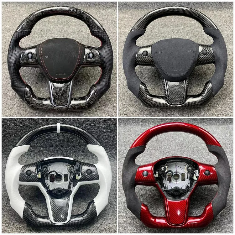 2016-2023 - Tesla Model 3 & Y - MATTE CARBON Fiber Steering Wheel RED LINE