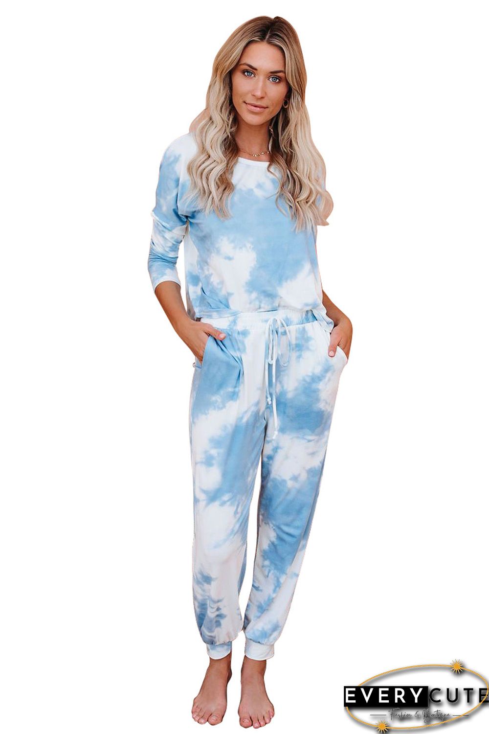 Sky Blue Tie Dye Knit Long Sleeve Joggers Set
