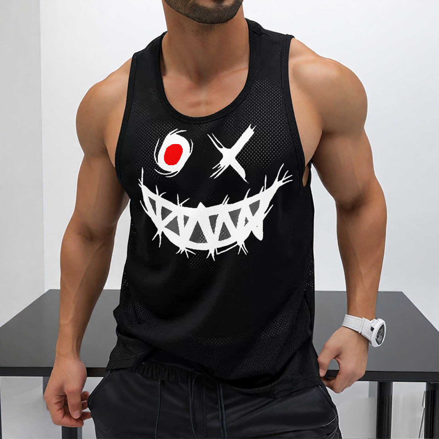 Street Casual Men's Smiley Face Printed Mesh Vest Fitness Quick Dry Vest Home Comfort Vest / TECHWEAR CLUB / Techwear