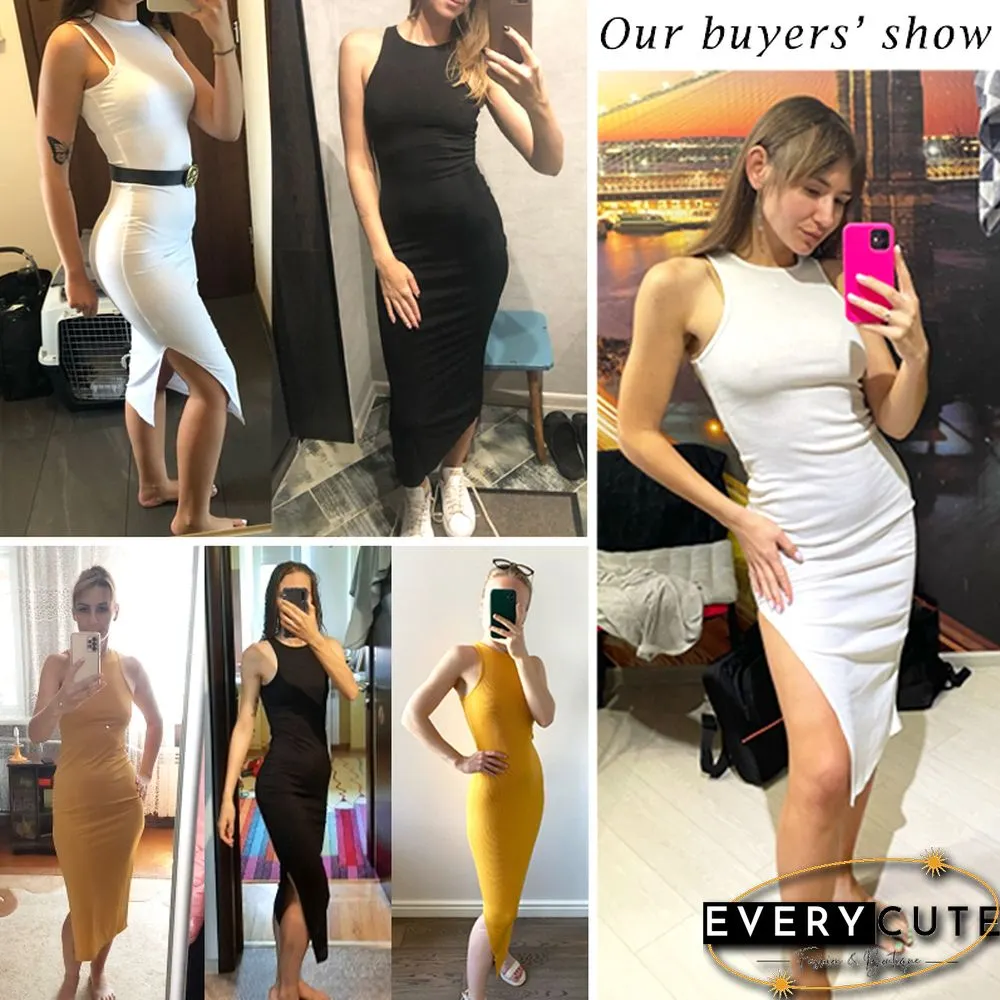 Bodycon Tank Dress Women Split Tight Commuter Long Robe Yellow Black Elegant Sundress Casual Office Knee Sheath Dresses