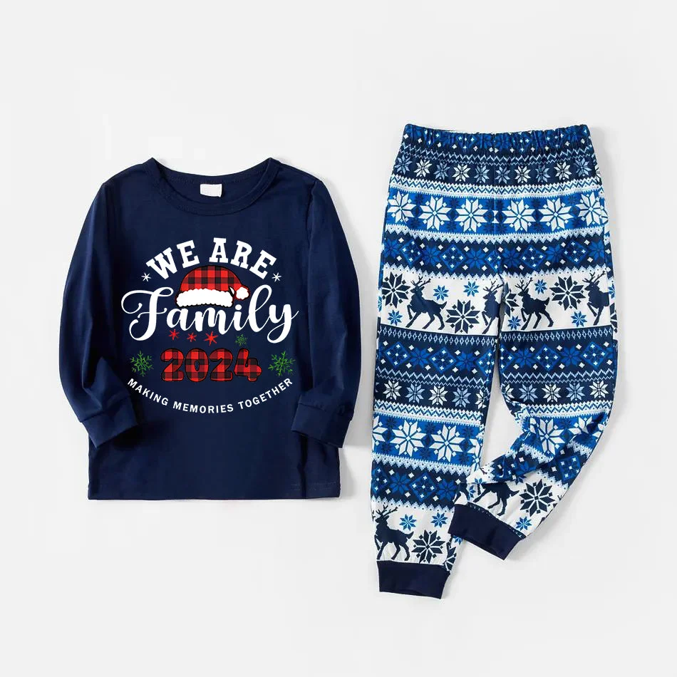 "We are Family" Santa Hat Monogram Print Letter Blue Long Sleeve Family Matching Pajamas With Dog bandana