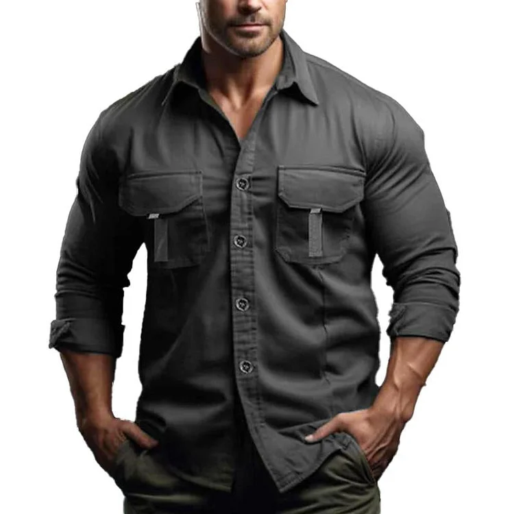 Men's Vintage Quick Dry Cotton Lapel Double Breast Pocket Long Sleeve Shirt 07378170Y