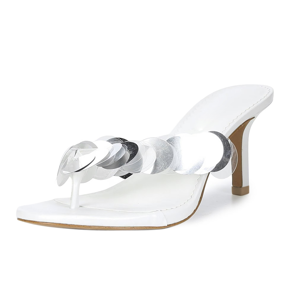 White Faux Leather Stiletto Heel Flip Flop Mules for Women with Sequin Nicepairs
