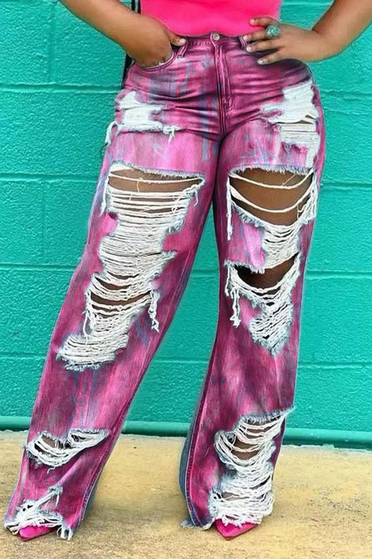 Xpluswear Design Plus Size Daily Hot Pink Metallic Coating Distressed Denim Jeans [Pre-Order]