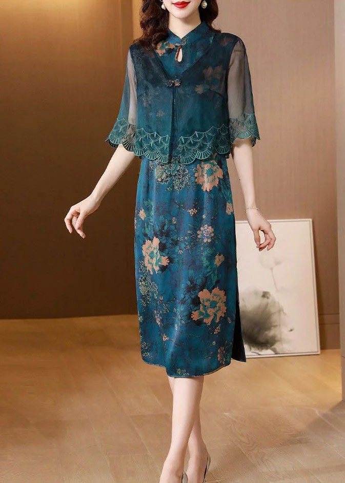 Natural Blue Stand Collar Patchwork Embroideried Silk Maxi Dress Summer