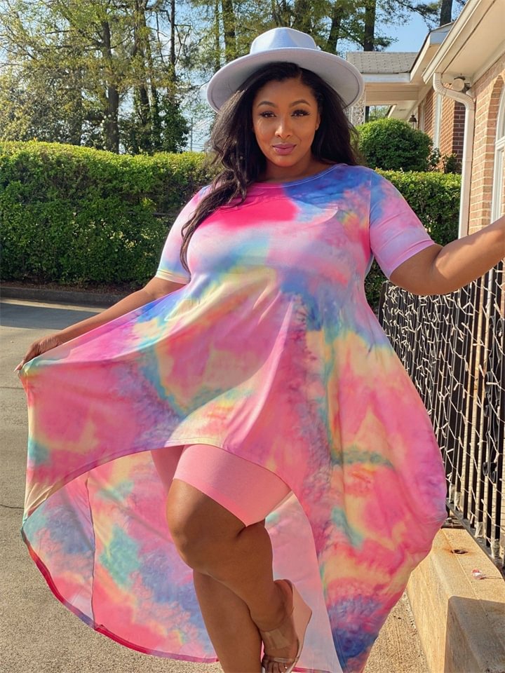 Short Sleeve Large Hem Tie Dyed Print Dress