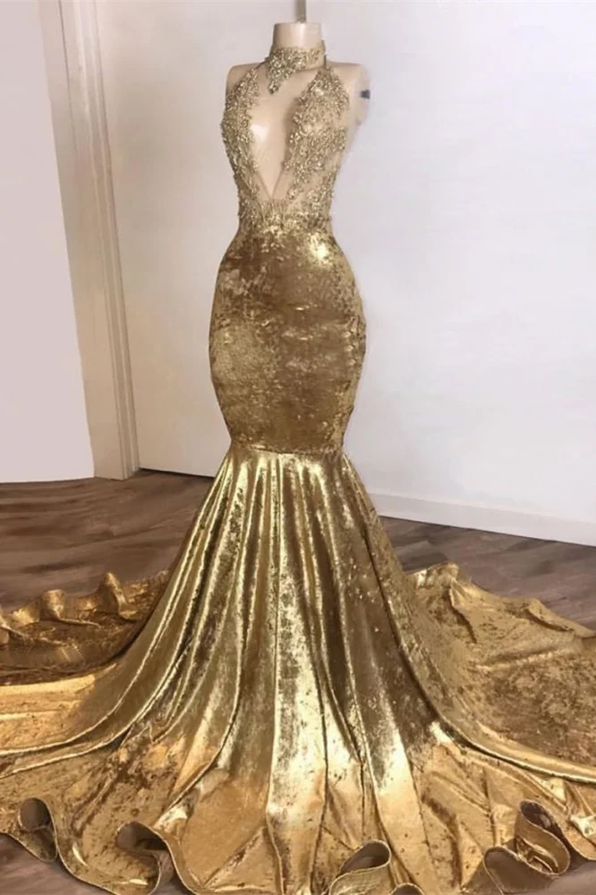 Golden sleeveless High Neck Mermaid Prom Dress With Lace Appliques PD0885