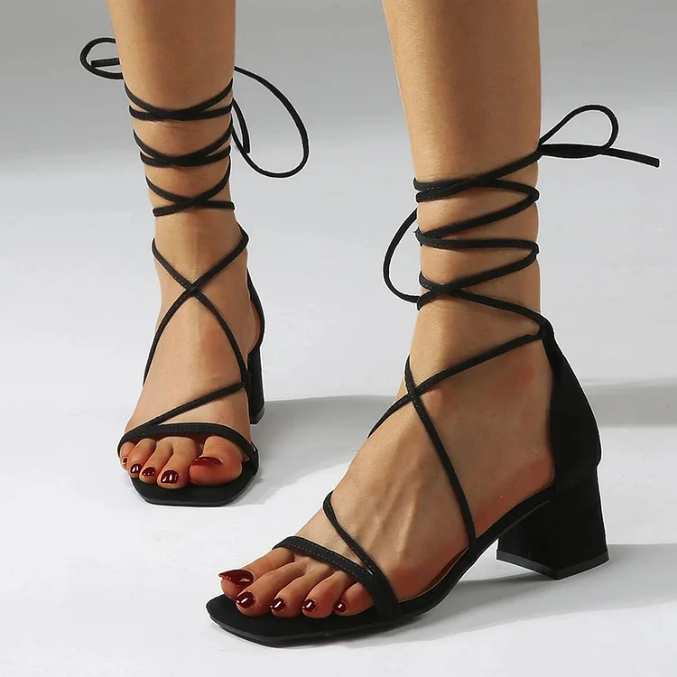 Square Toe Wrap Shoes Women's Office Block Heels Classic Vegan Suede Sandals |FSJ Shoes